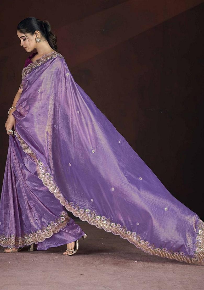 Lavender Embroidered Poly Blend Saree Set