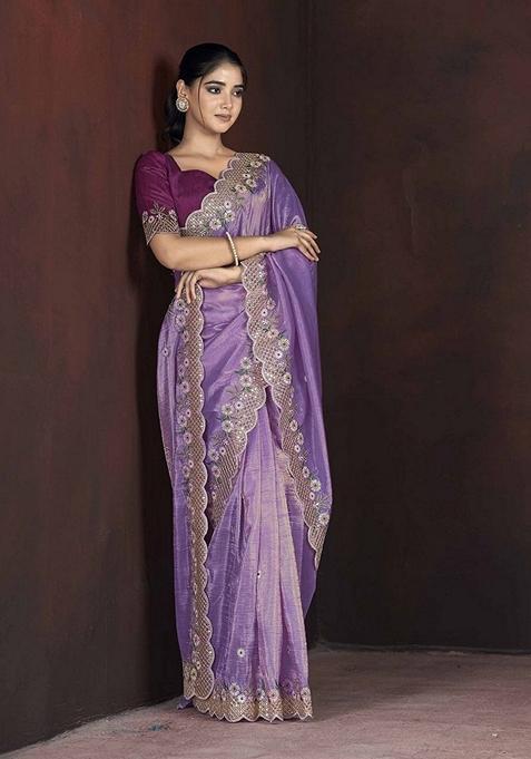 Lavender Embroidered Poly Blend Saree Set