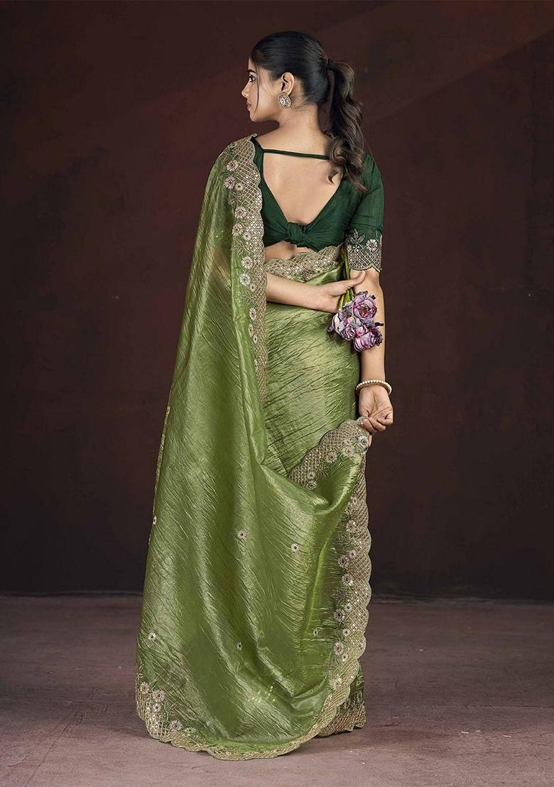 Pista Green Embroidered Poly Blend Saree Set