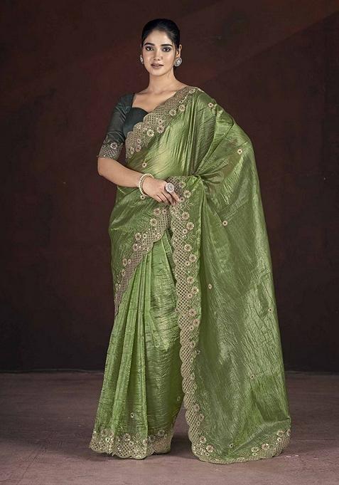 Pista Green Embroidered Poly Blend Saree Set