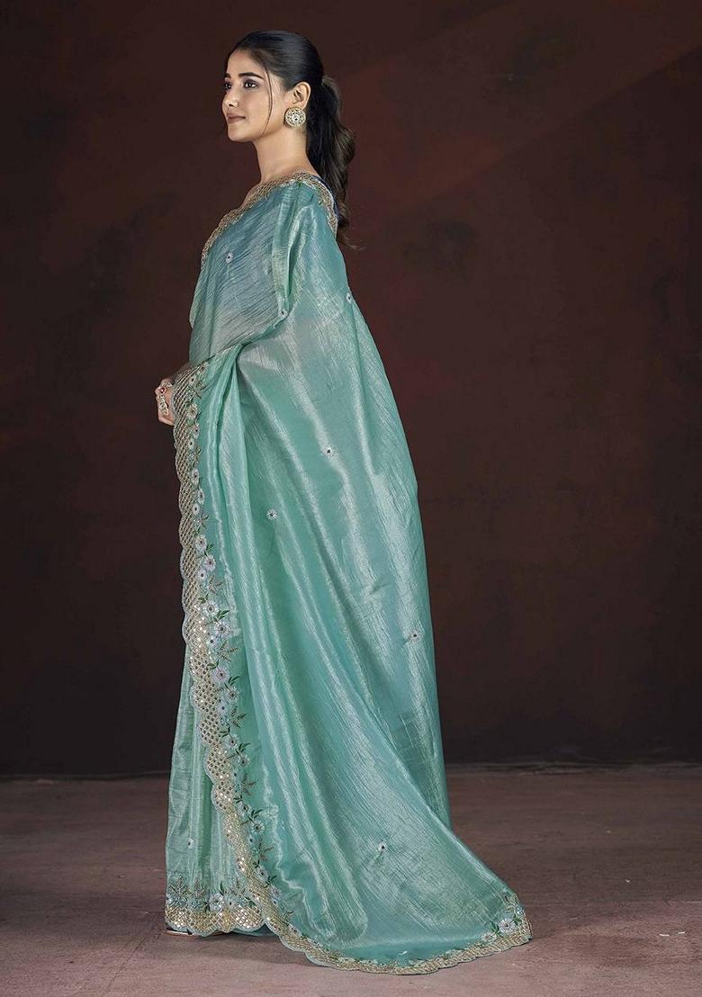 Sea Green Embroidered Poly Blend Saree Set