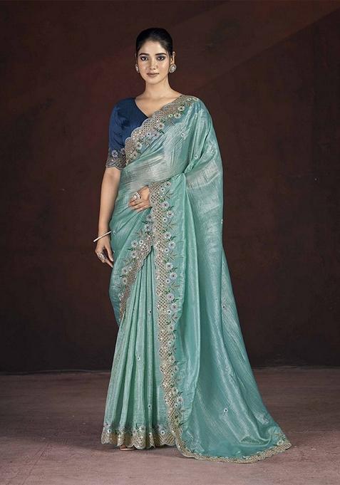 Sea Green Embroidered Poly Blend Saree Set