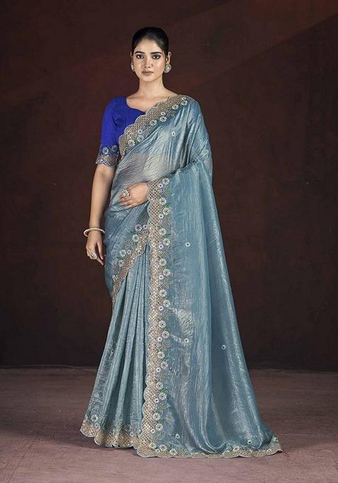 Teal Embroidered Poly Blend Saree Set