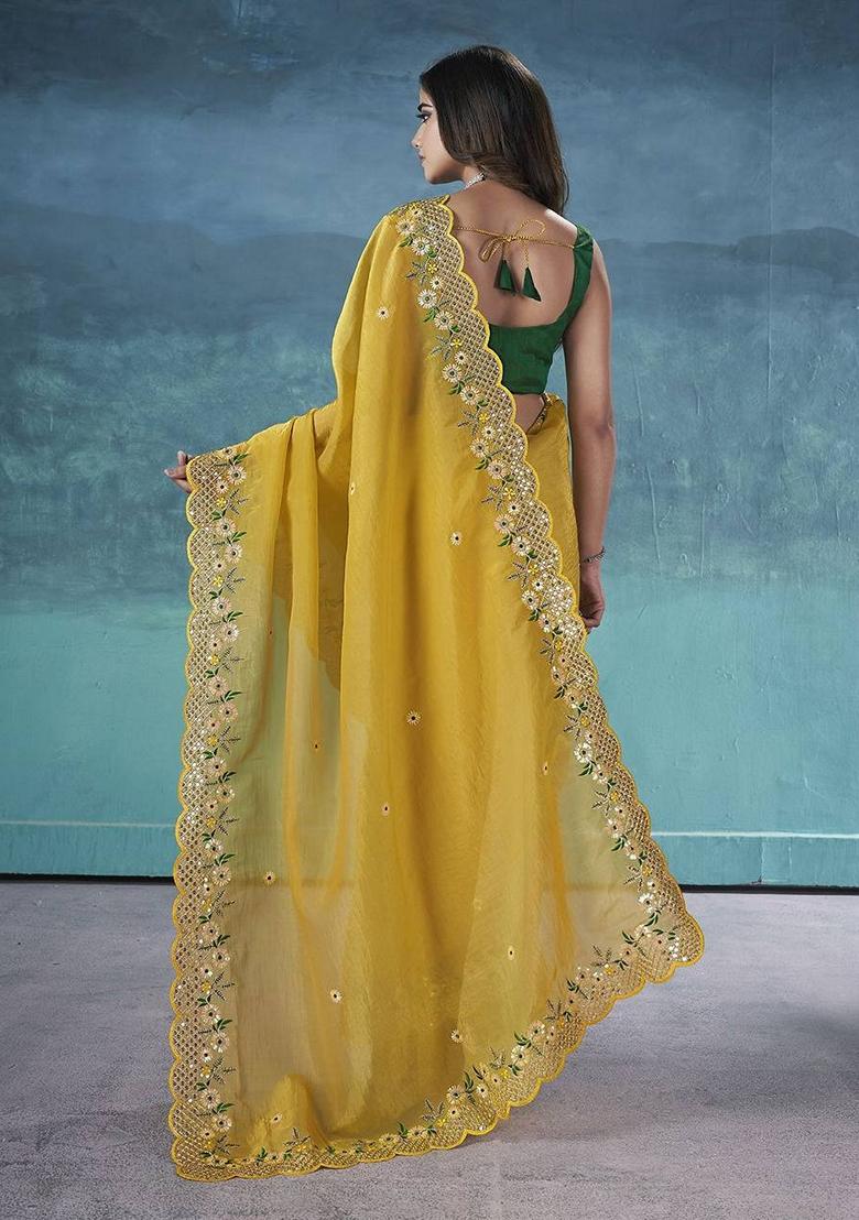 Yellow Embroidered Poly Blend Saree Set