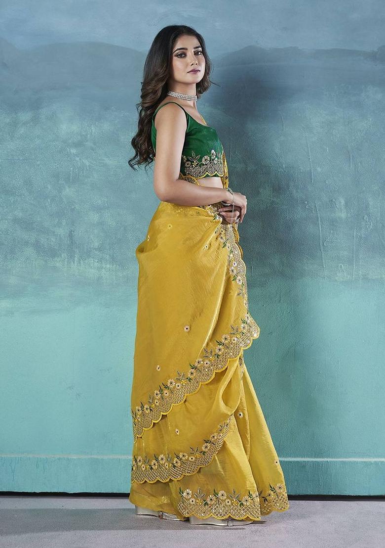 Yellow Embroidered Poly Blend Saree Set
