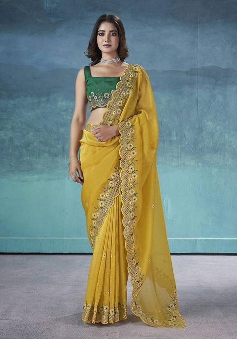 Yellow Embroidered Poly Blend Saree Set