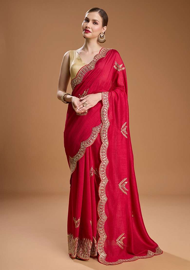 Red Embroidered Vichitra Saree Set for Diwali and Festive Wear - Indya