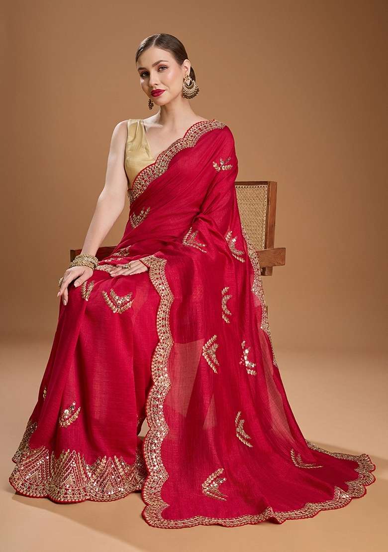 Red Embroidered Vichitra Saree Set for Diwali and Festive Wear - Indya
