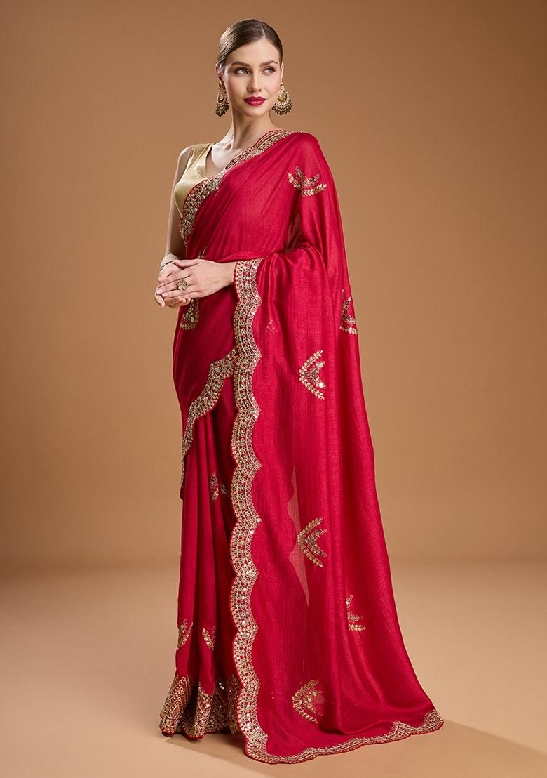 Red Embroidered Vichitra Saree Set