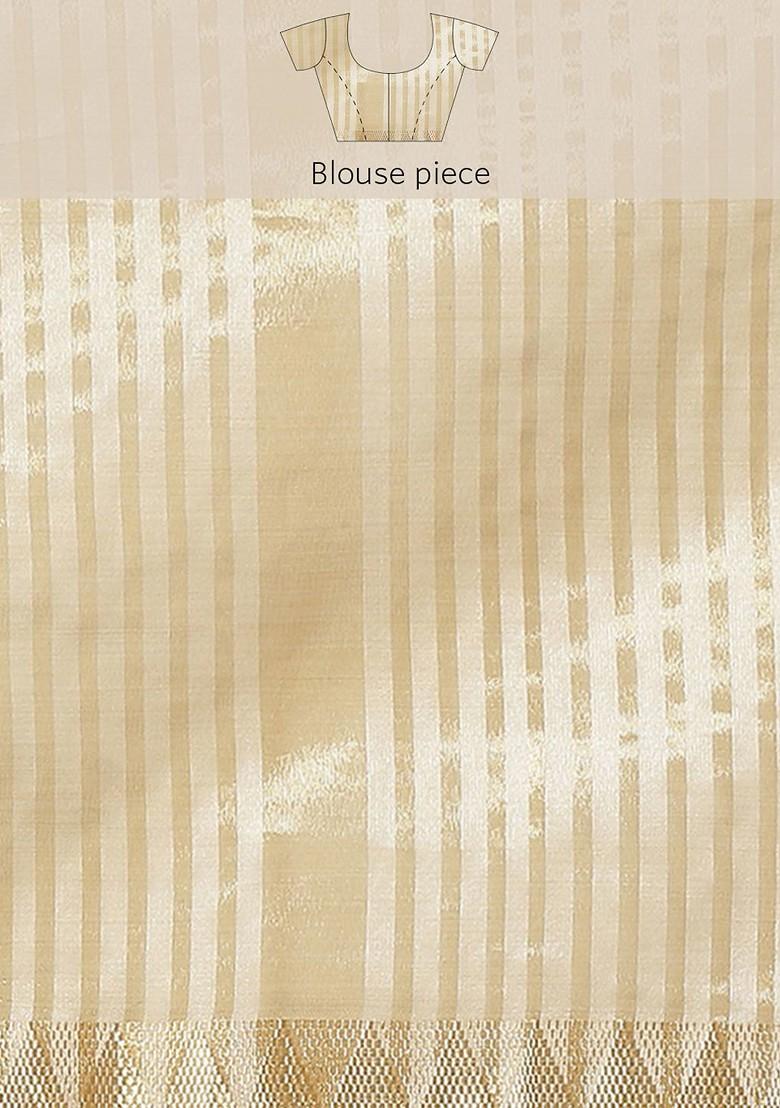 Cream Embroidered Silk Saree Set