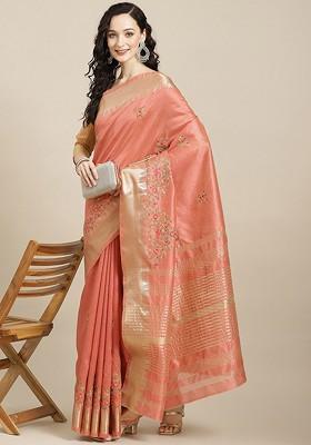 Peach Embroidered Silk Saree Set