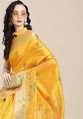 Yellow Embroidered Silk Saree Set