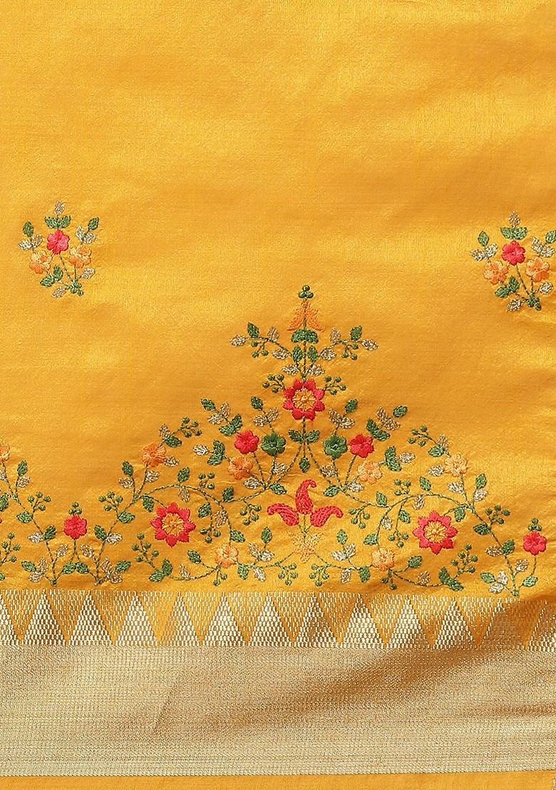 Yellow Embroidered Silk Saree Set