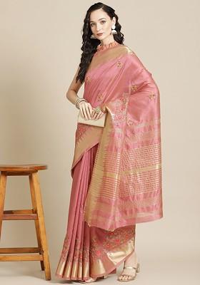 Pink Embroidered Silk Saree Set