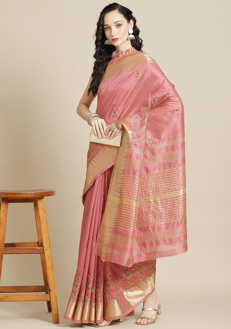 Pink Embroidered Silk Saree Set