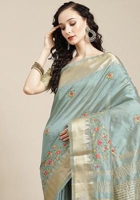 Turquoise Blue Embroidered Silk Saree Set