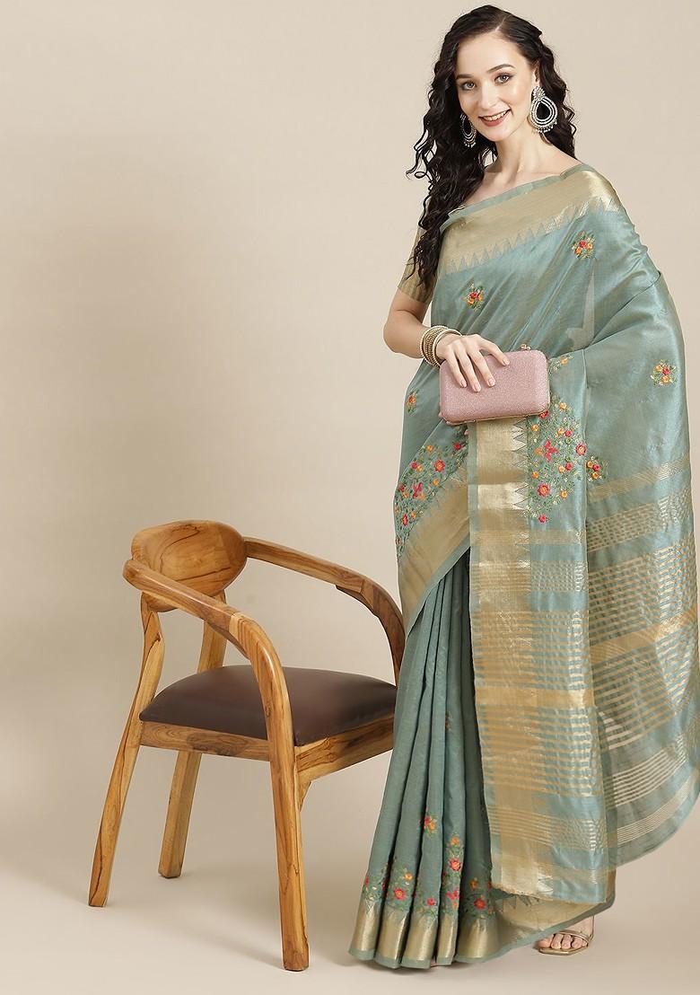 Turquoise Blue Embroidered Silk Saree Set