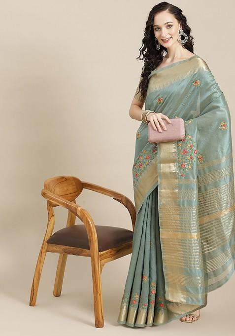 Turquoise Blue Embroidered Silk Saree Set