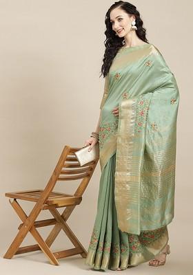 Green Embroidered Silk Saree Set