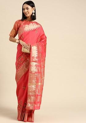 Pink Embroidered Silk Saree Set