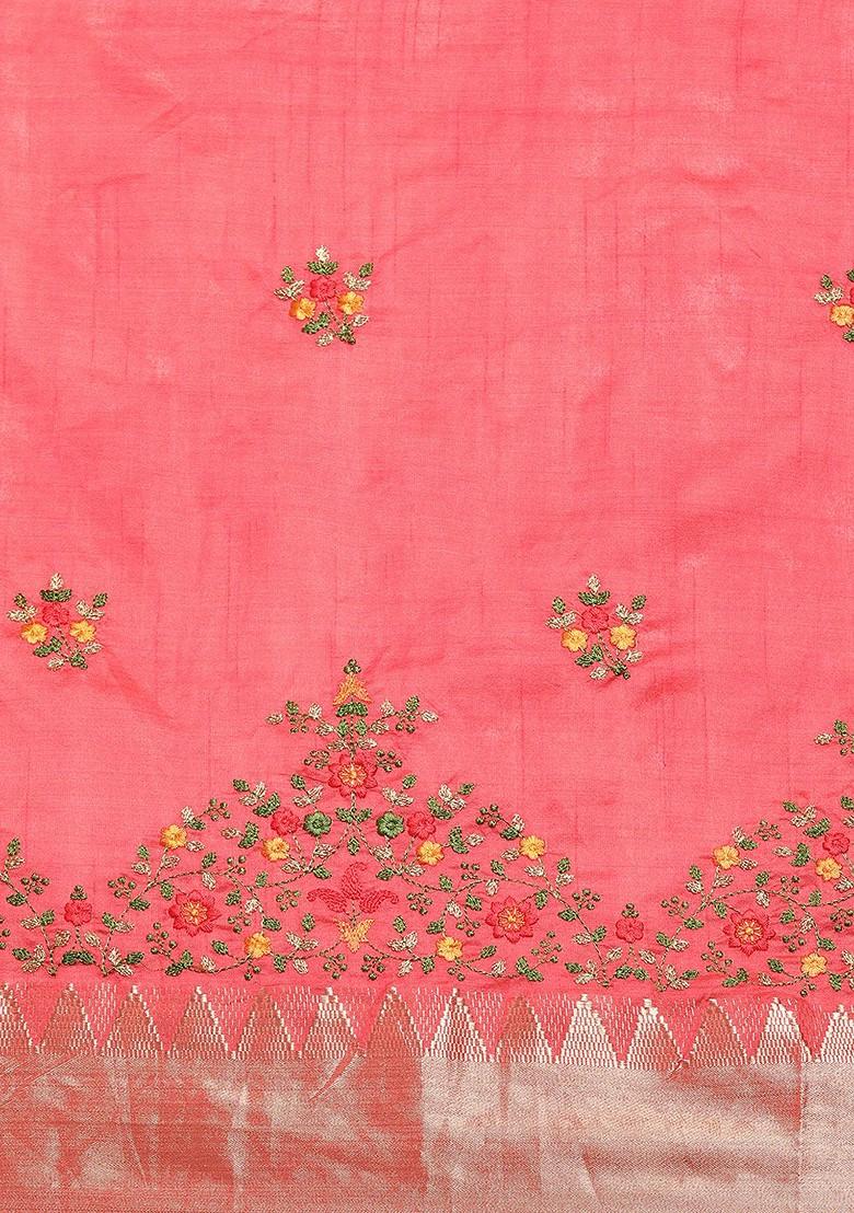 Pink Embroidered Silk Saree Set
