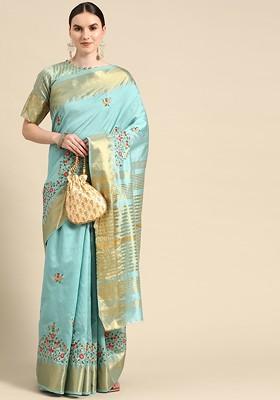 Blue Embroidered Silk Saree Set