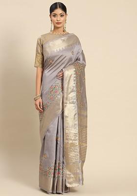 Grey Embroidered Silk Saree Set