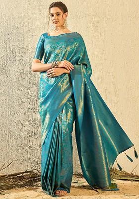 Turquoise Blue Woven Poly Blend Saree Set
