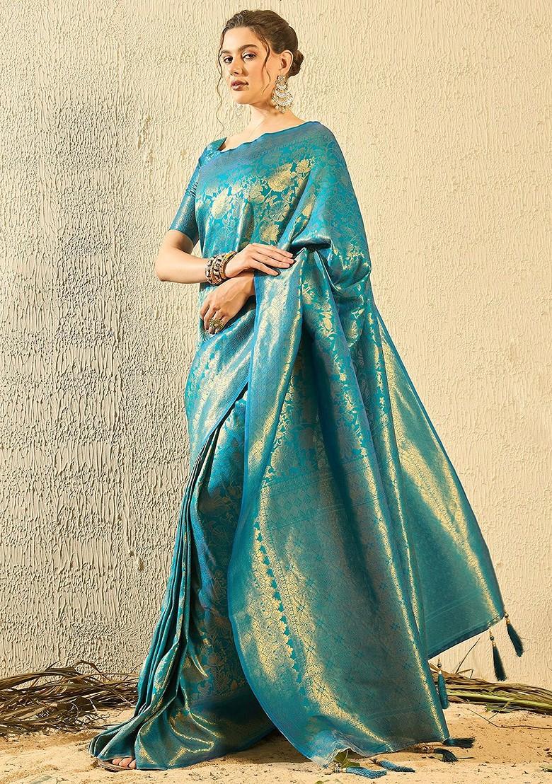 Turquoise Blue Woven Poly Blend Saree Set