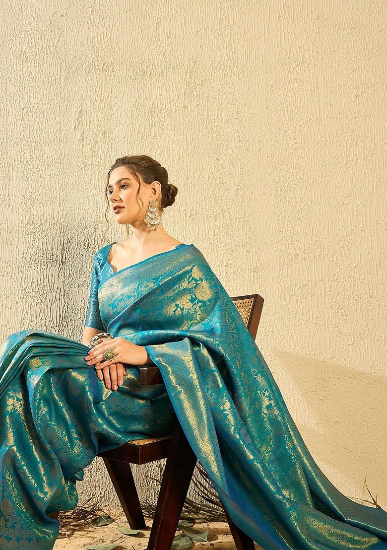 Turquoise Blue Woven Poly Blend Saree Set
