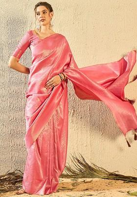 Peach Woven Poly Blend Saree Set