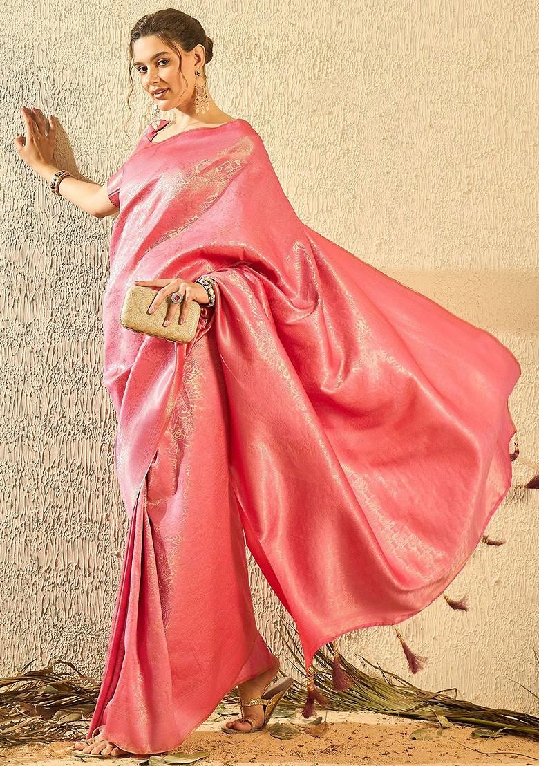 Peach Woven Poly Blend Saree Set