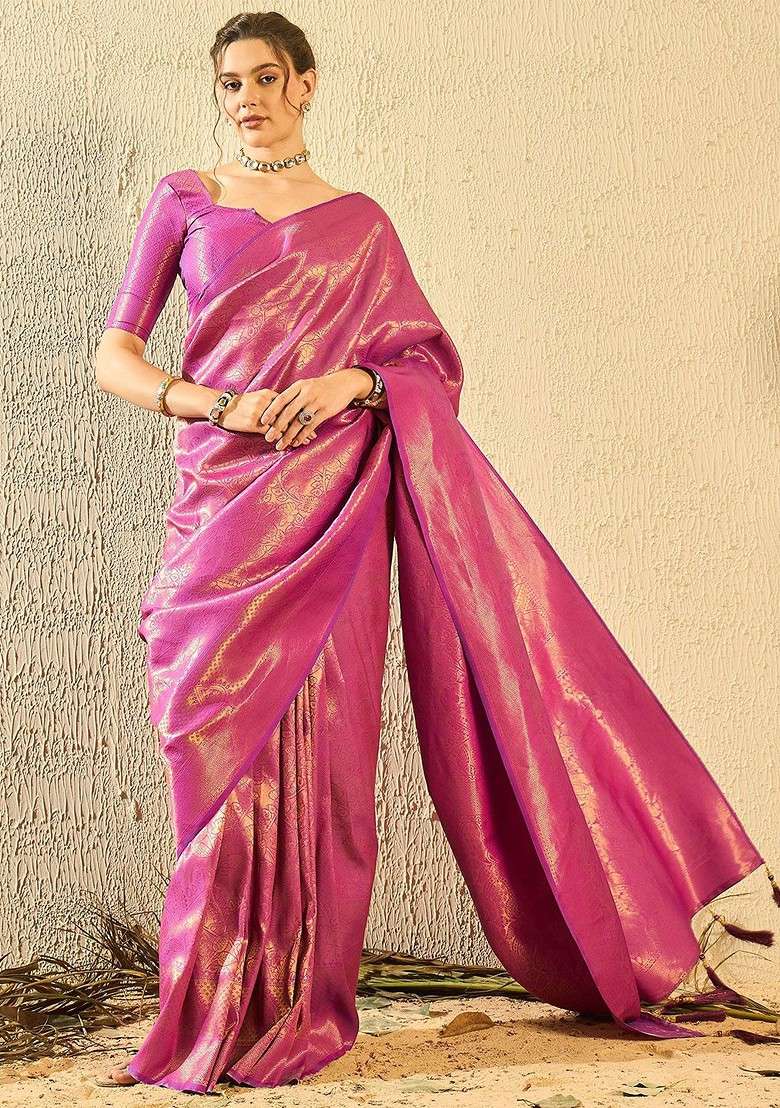Magenta Woven Poly Blend Saree Set - Indya