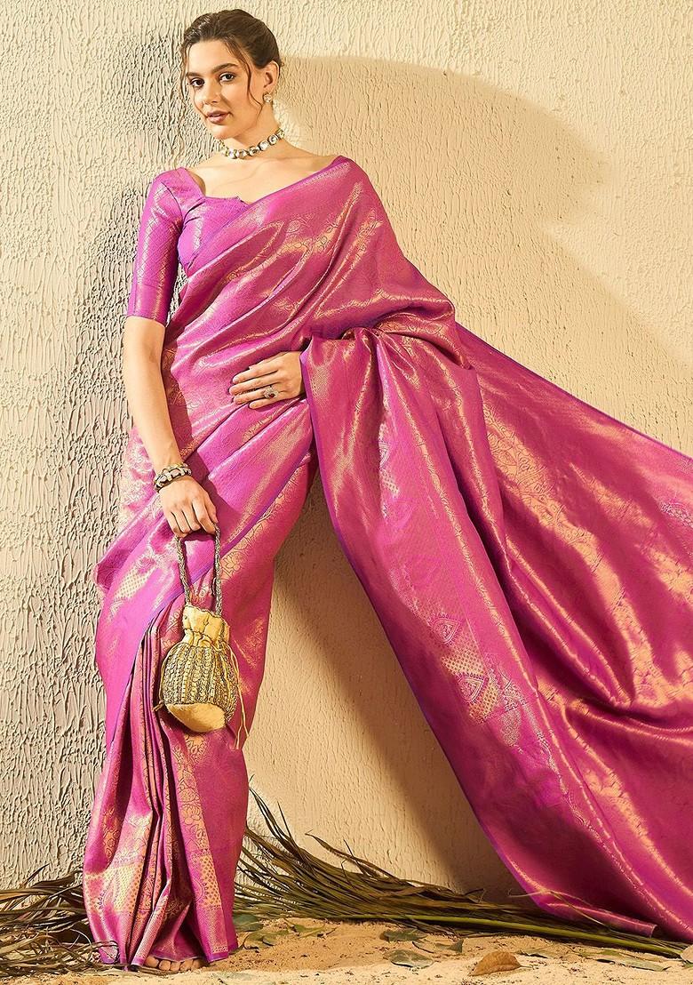 Magenta Woven Poly Blend Saree Set