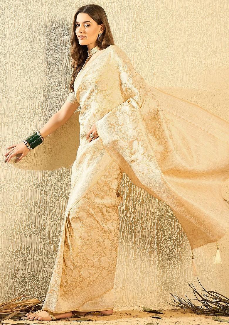 Cream Woven Poly Blend Saree Set