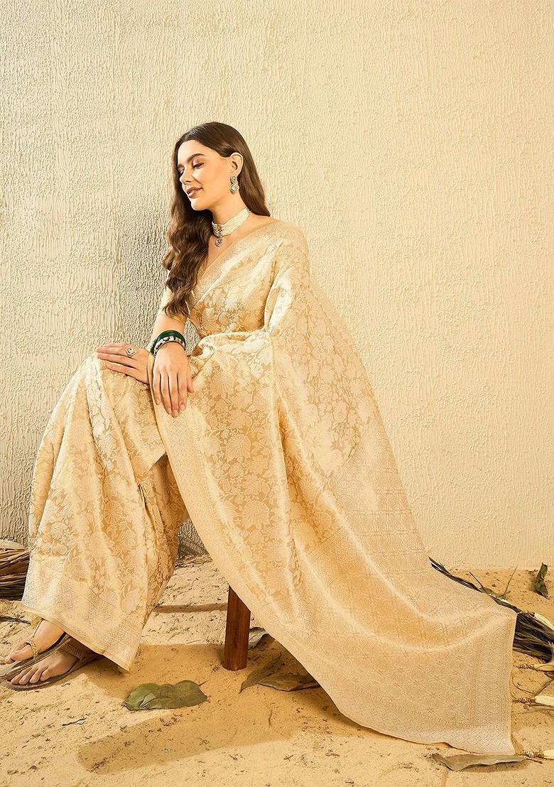 Cream Woven Poly Blend Saree Set