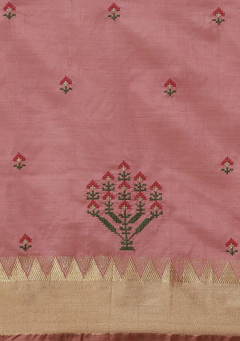 Pink Embroidered Silk Saree Set