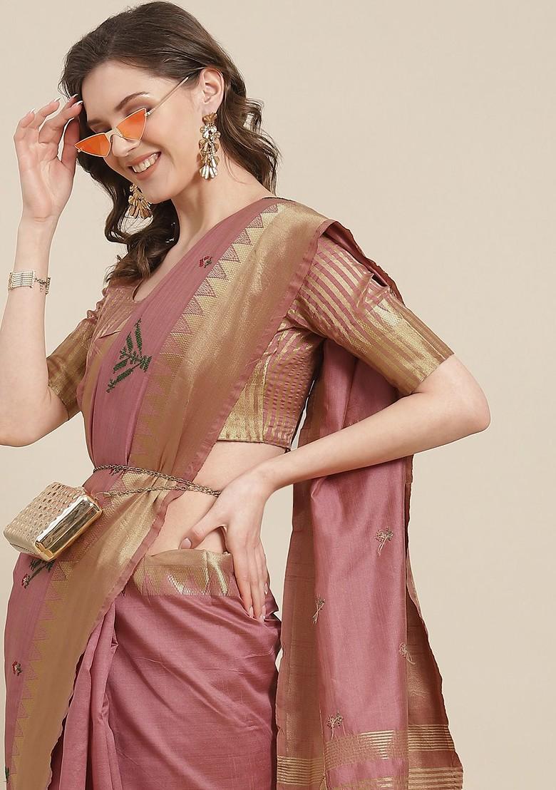 Pink Embroidered Silk Saree Set