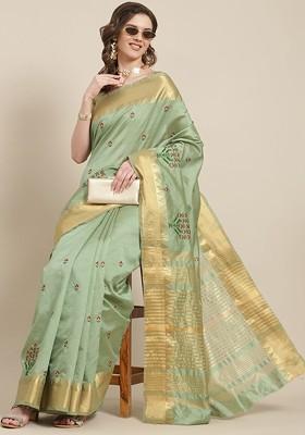 Green Embroidered Silk Saree Set
