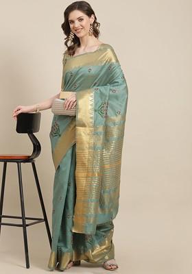 Turquoise Blue Embroidered Silk Saree Set