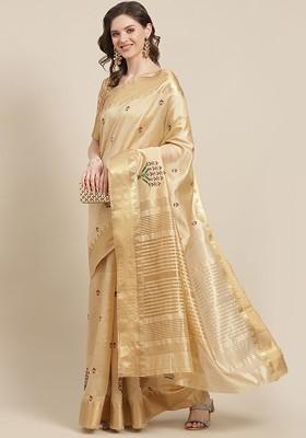 Cream Embroidered Silk Saree Set