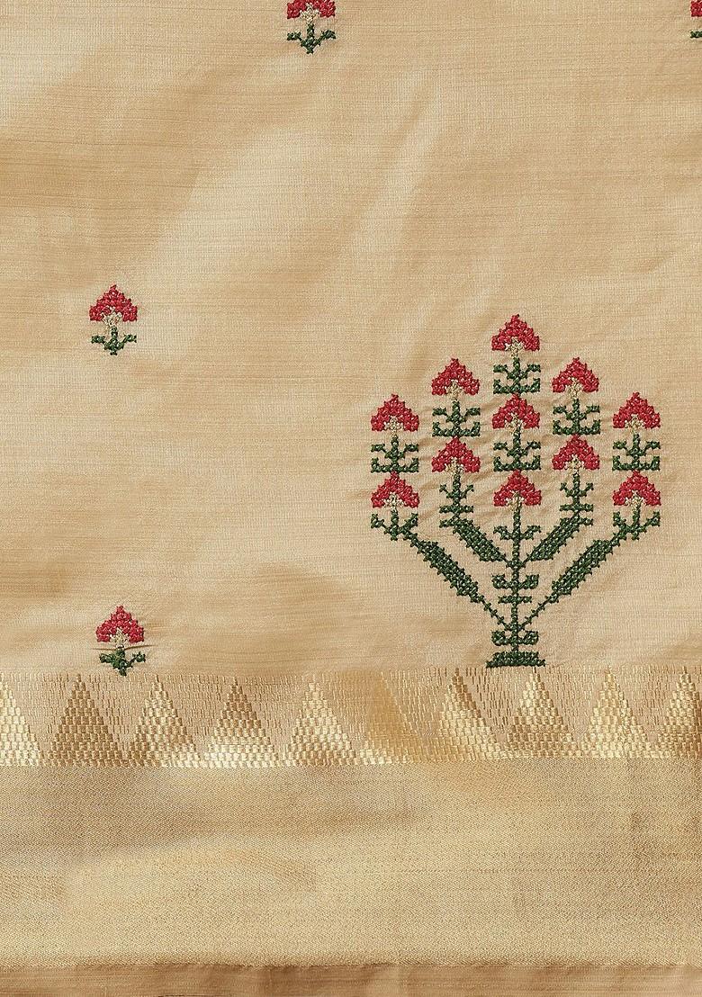 Cream Embroidered Silk Saree Set