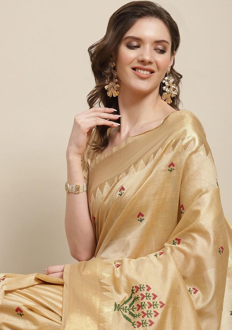 Cream Embroidered Silk Saree Set
