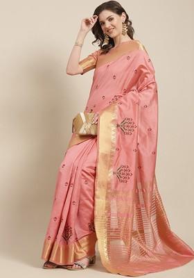 Peach Embroidered Silk Saree Set