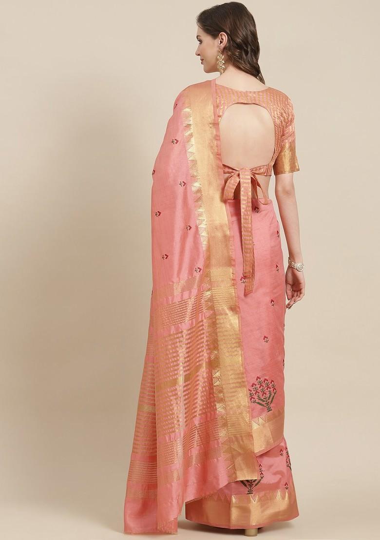 Peach Embroidered Silk Saree Set