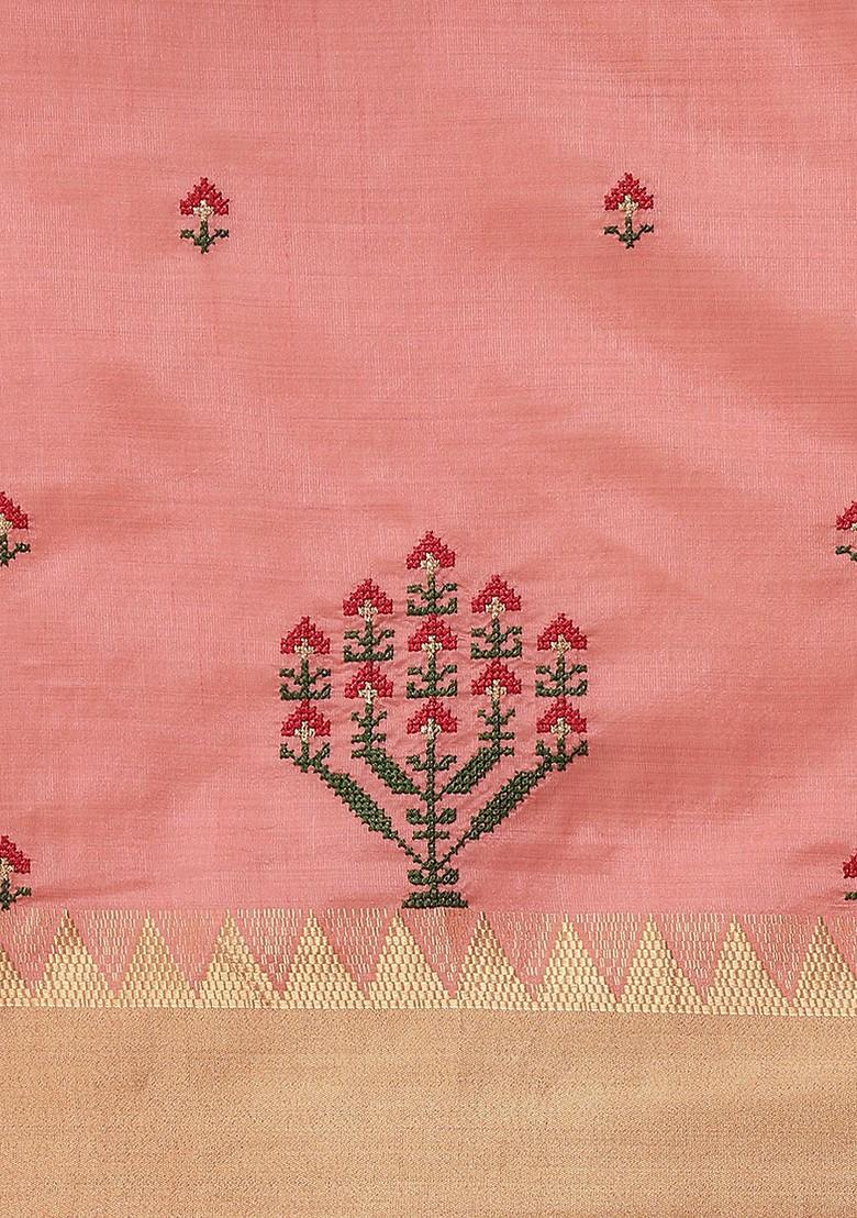 Peach Embroidered Silk Saree Set