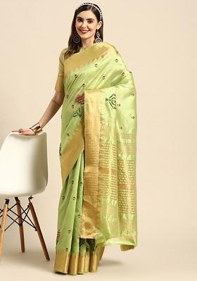 Lime Green Embroidered Silk Saree Set