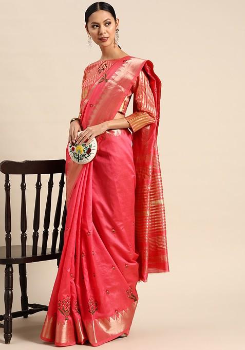 Pink Embroidered Silk Saree Set