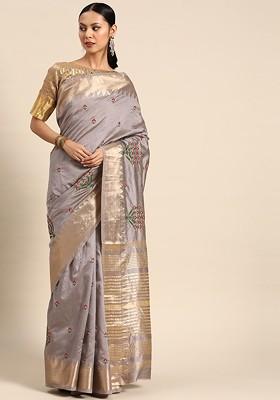 Grey Embroidered Silk Saree Set
