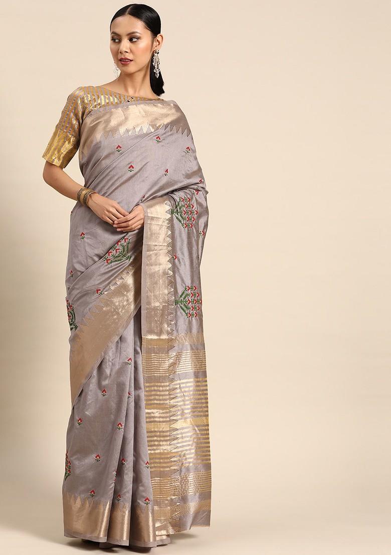 Grey Embroidered Silk Saree Set